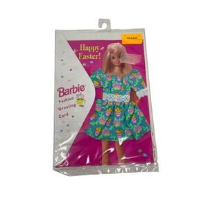 Vintage 1995 Barbie HAPPY EASTER Fashion Outfit Greeting Card Green Chick Dress